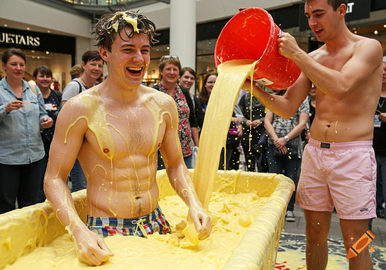 A smiling shirtless man in plaid shorts sits in a tub of yellow custard as another shirtless man in pink shorts pours more custard from a red bucket over him, in a shopping center.