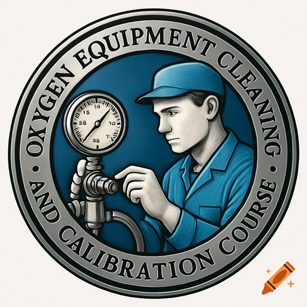 An official circular seal for an 'Oxygen Equipment Cleaning and Calibration Course', featuring a technician in blue adjusting a pressure gauge.