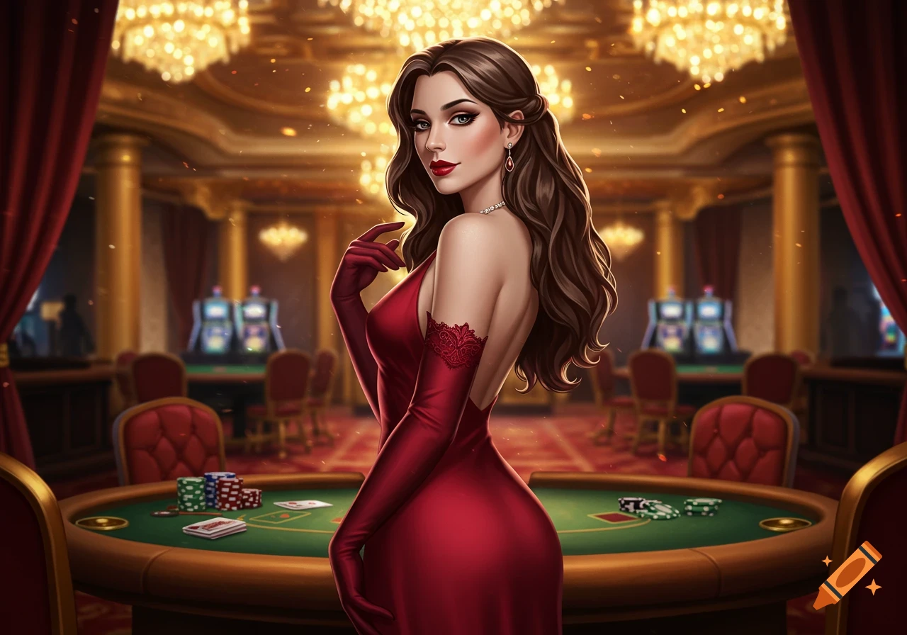 An elegant woman in a red backless gown and long gloves poses in a luxurious casino with poker tables. Illustrative style.