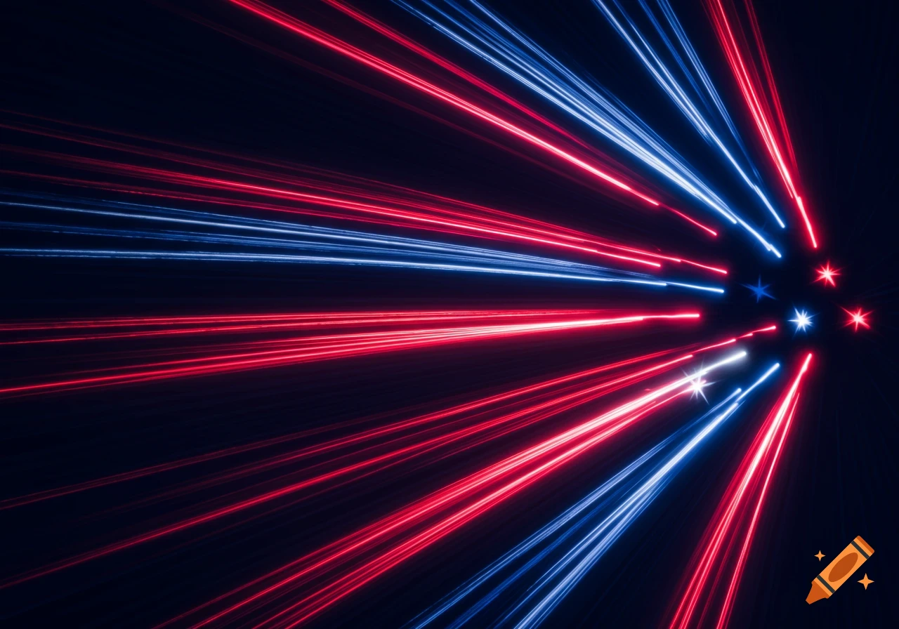 Red and blue glowing light trails and stars rapidly converging on a dark background.