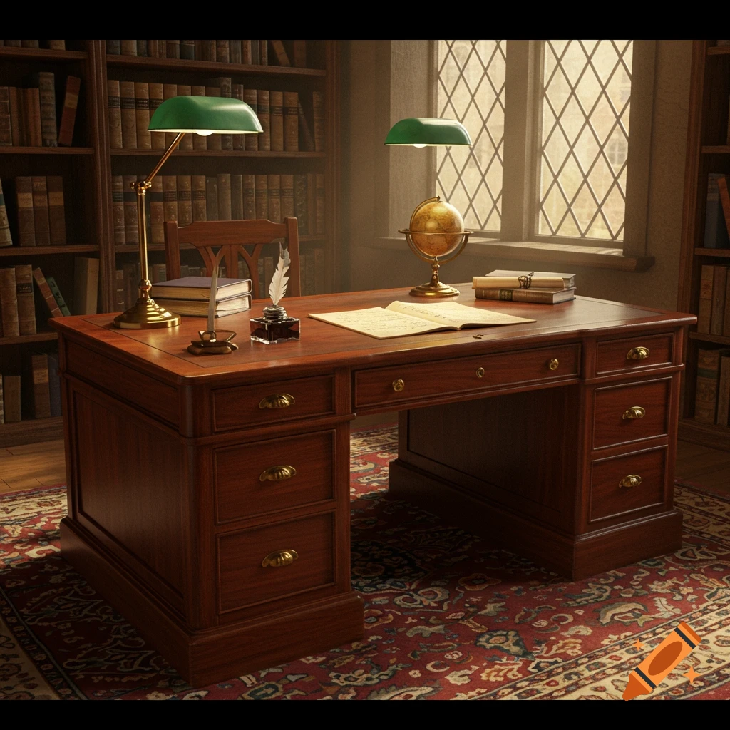 A richly detailed, photorealistic image of a vintage wooden desk in a study, featuring green bankers lamps, books, a globe, and an open book with illegible text.