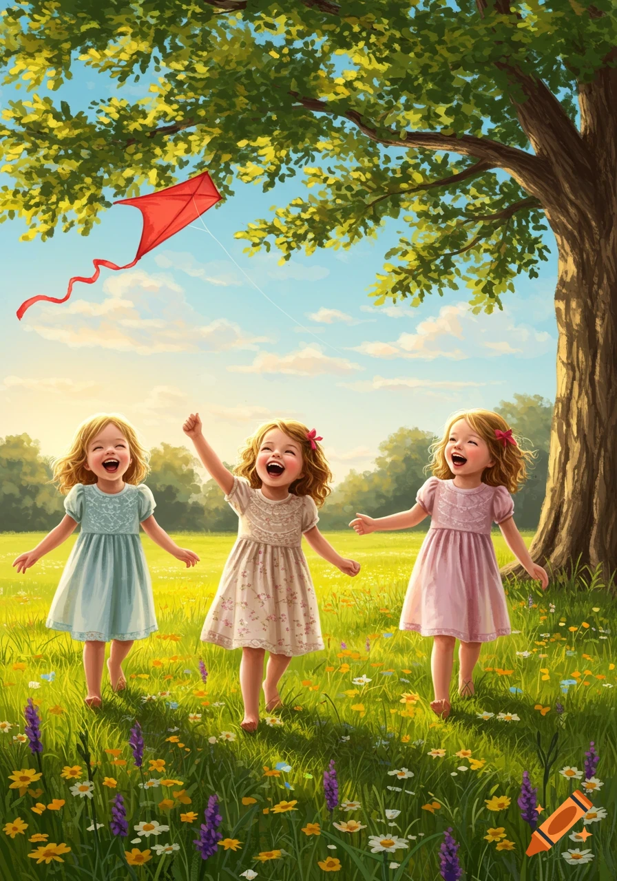 Three happy little girls in colorful dresses laugh and play in a sunny green field, flying a red kite near a large tree.