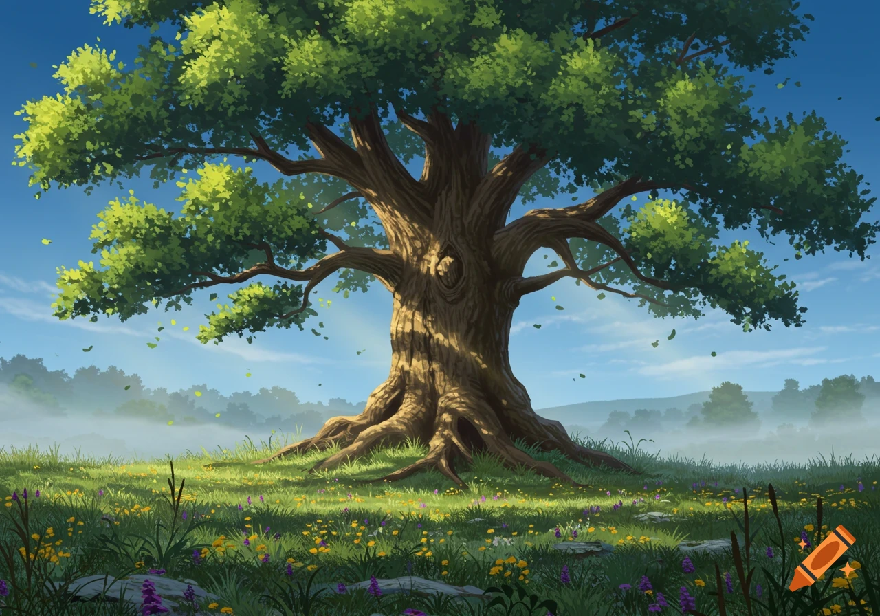 A large, old tree with green leaves stands in a grassy field filled with yellow and purple wildflowers under a blue sky, illustrative style.