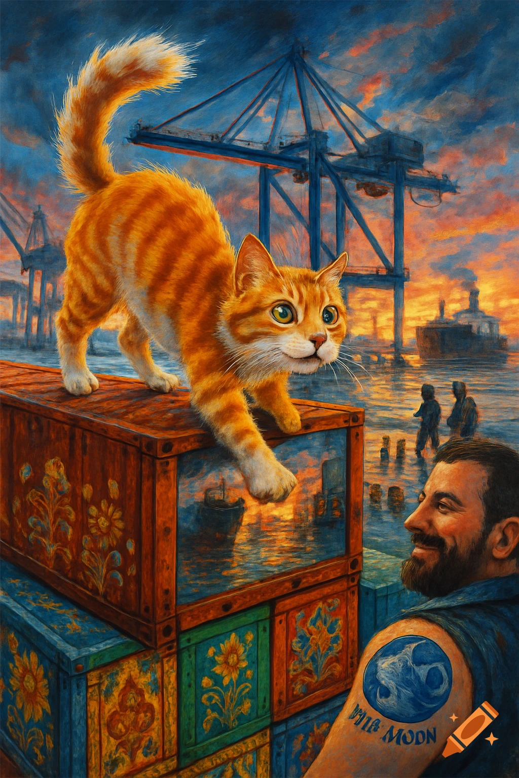 Acrylic painting of an orange tabby cat on shipping containers at a harbor, looking at a bearded man with a 'Blue Moon' tattoo.
