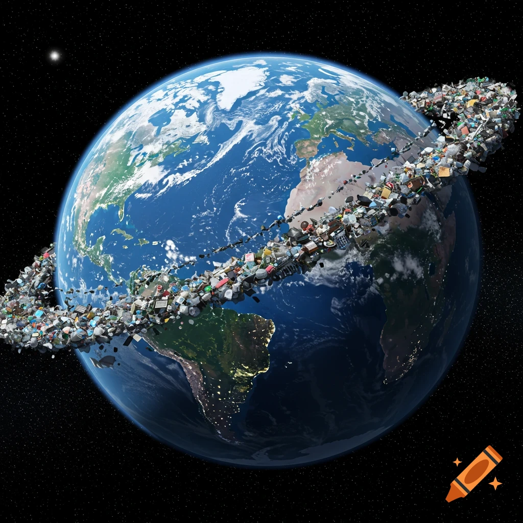 Photorealistic Earth from space, encircled by a thick ring of space debris and garbage.