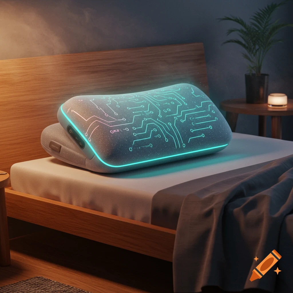 A modern, glowing smart pillow with circuit patterns on a bed in a dimly lit bedroom, with a plant and candle on a nightstand.
