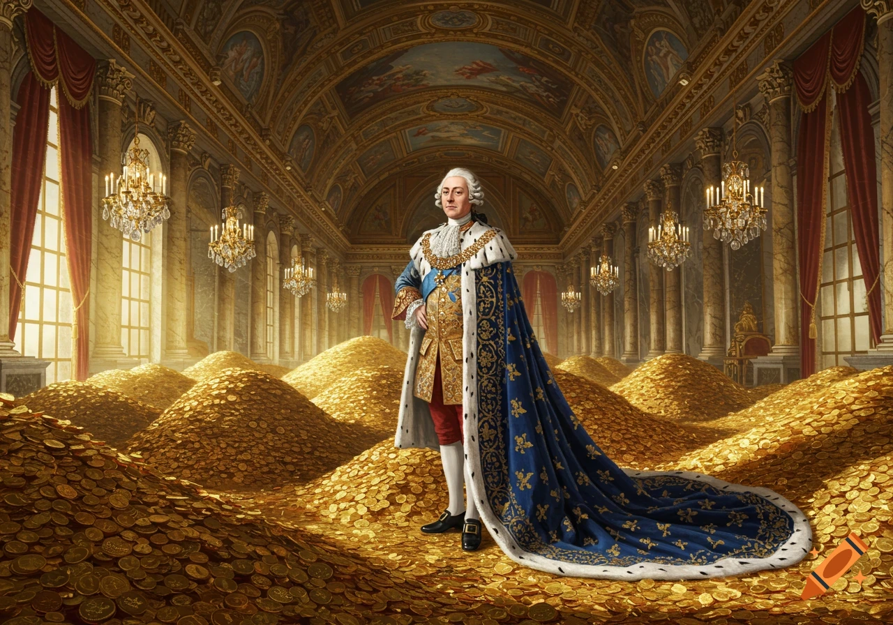 A king in elaborate blue and gold royal robes stands amidst vast piles of gold coins in a grand, ornate hall.
