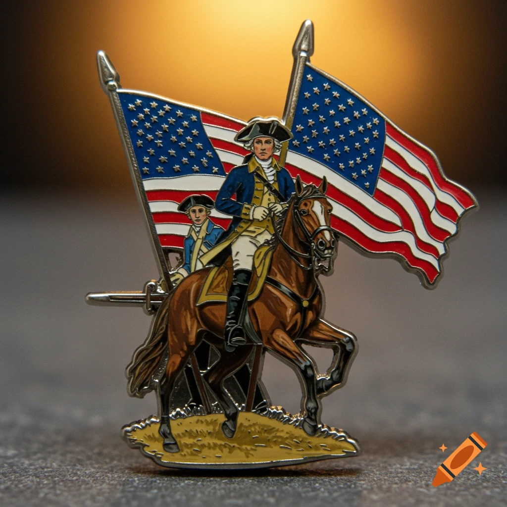 An enamel pin depicts a colonial-era military leader on horseback, wearing a blue uniform and tricorne hat, with two American flags behind him.
