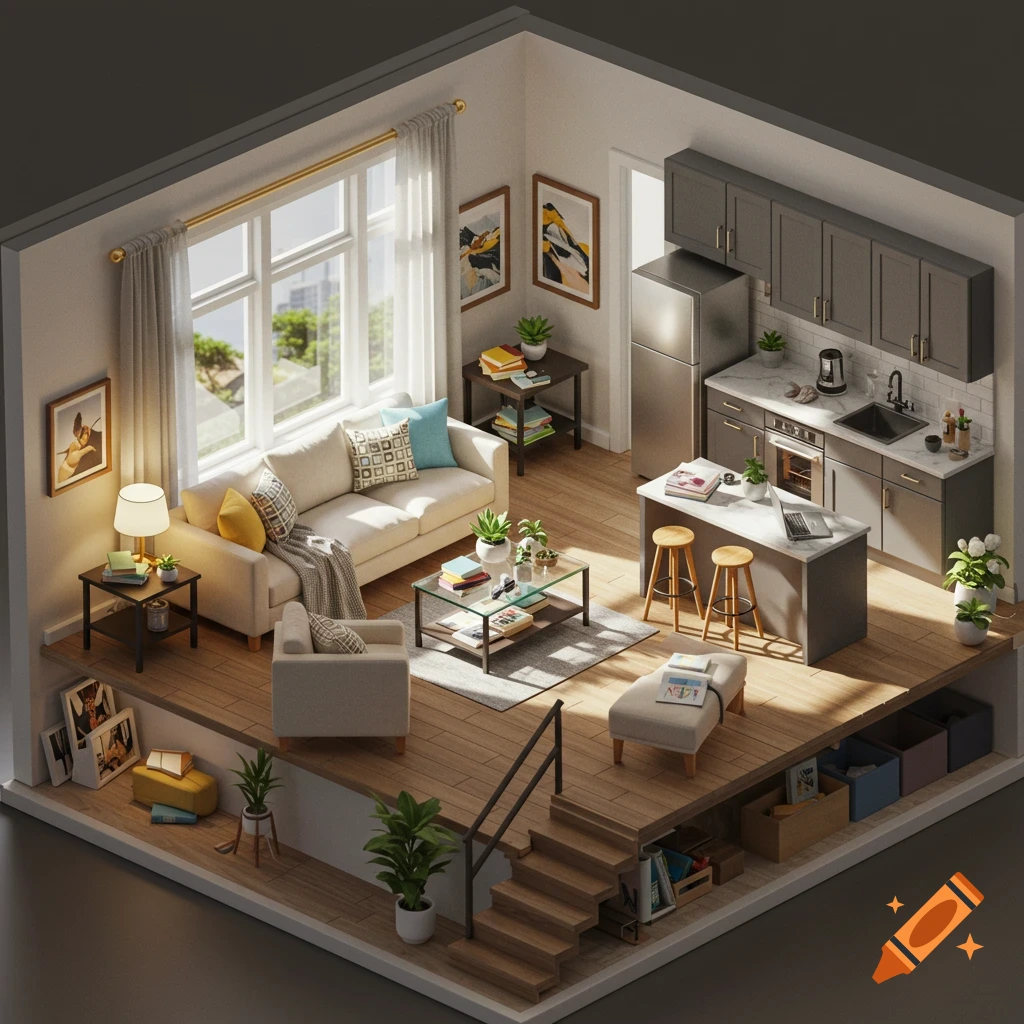 An isometric view of a modern dollhouse interior featuring a living room, kitchen, and stairs leading to a lower level with storage.