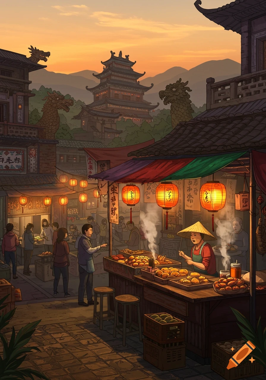 A vibrant illustration of a bustling Taiwanese street market at sunset, with food stalls, vendors, customers, glowing lanterns, and traditional buildings with dragon statues and a pagoda in the background.