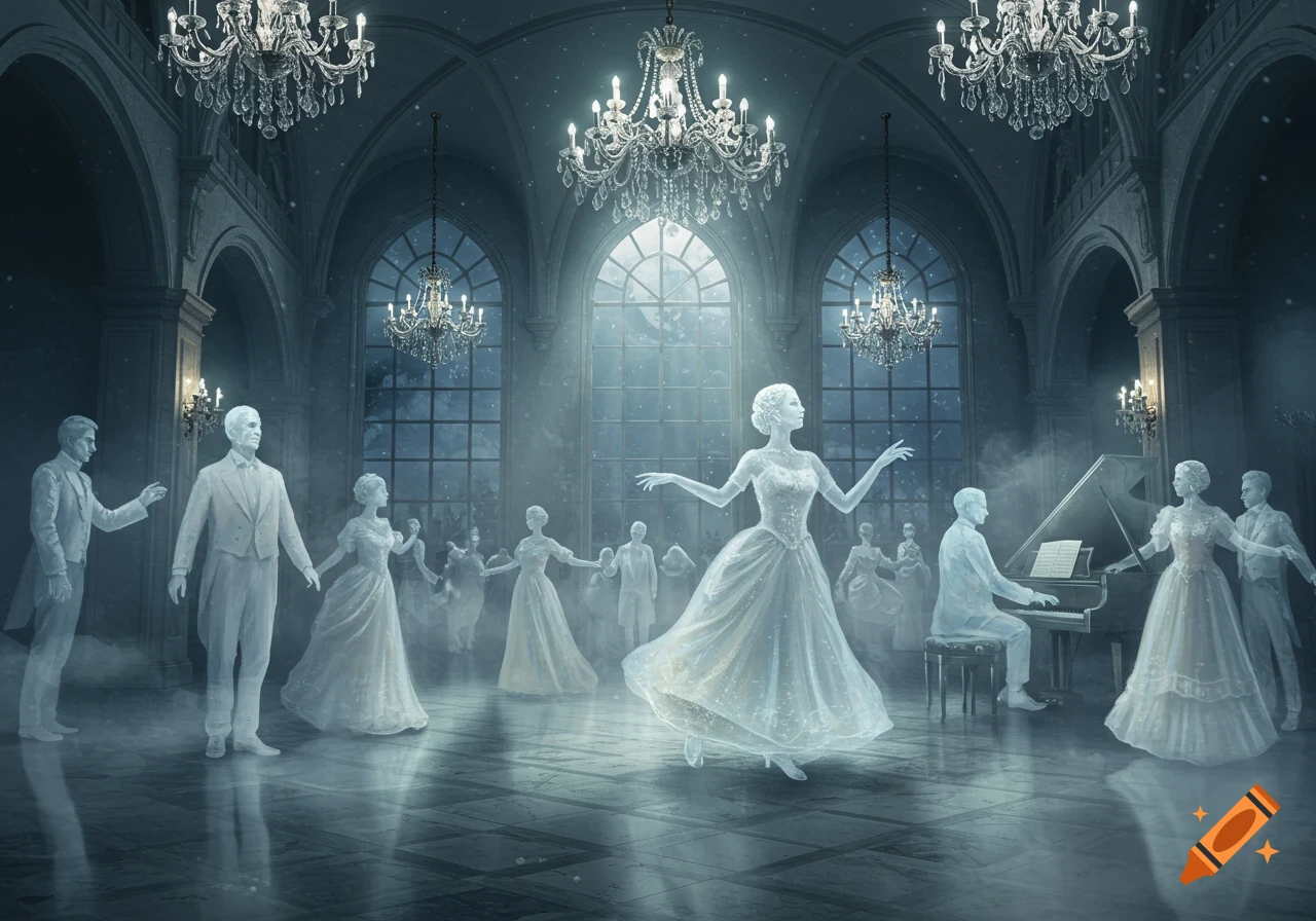 Ethereal figures dance and play piano in a grand ballroom with chandeliers and large windows.