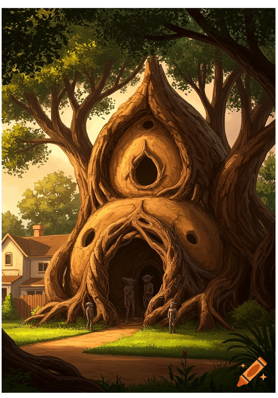 A two-story, alien-like house made of intertwined tree trunks and mud stands on a suburban street, with small hominid figures at its entrance.