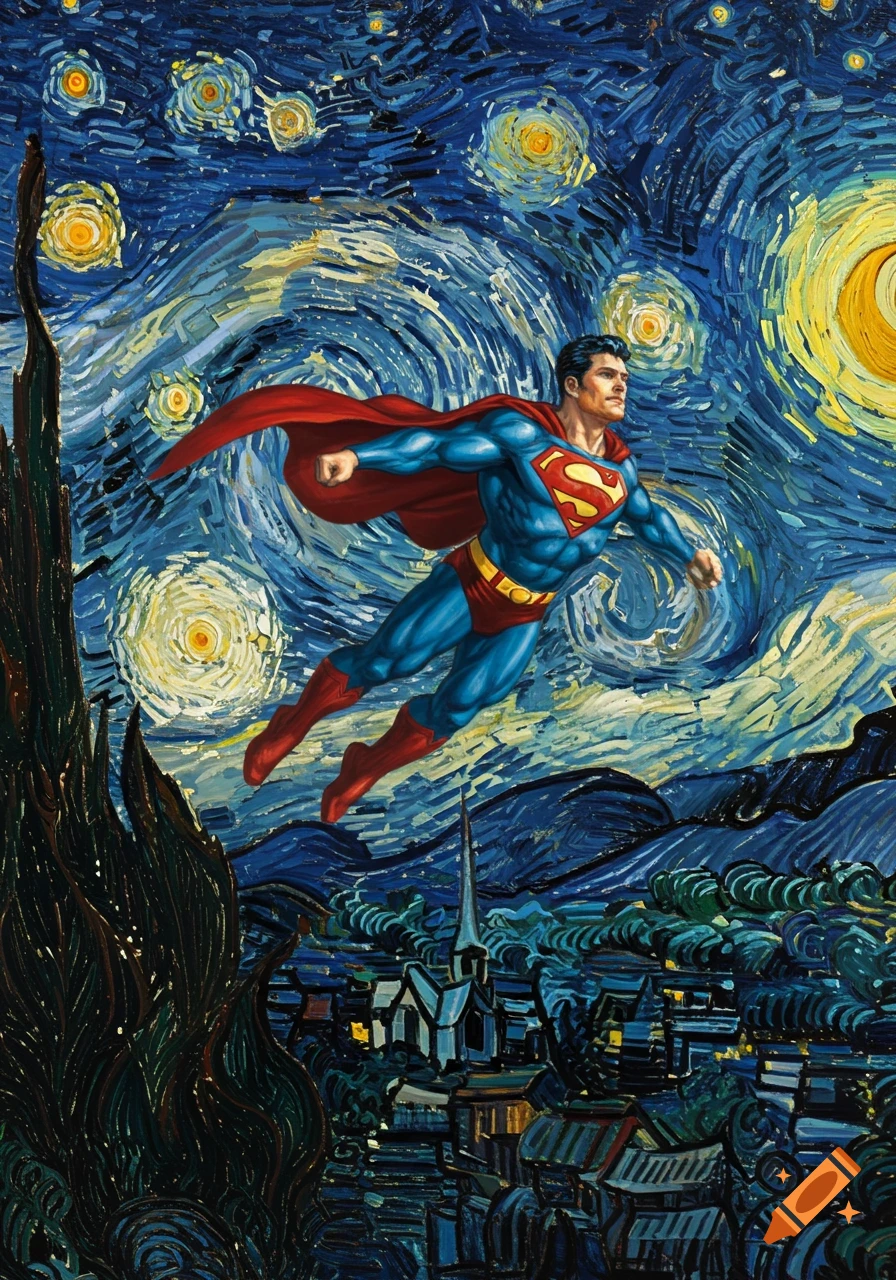 Superman flies above a village at night, rendered in the vibrant, swirling brushstrokes of Van Gogh's 'The Starry Night'.