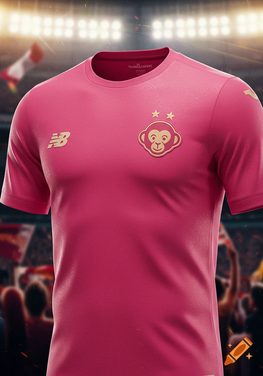 Pink football jersey with a gold New Balance logo and a gold monkey emblem with two stars, against a stadium background.