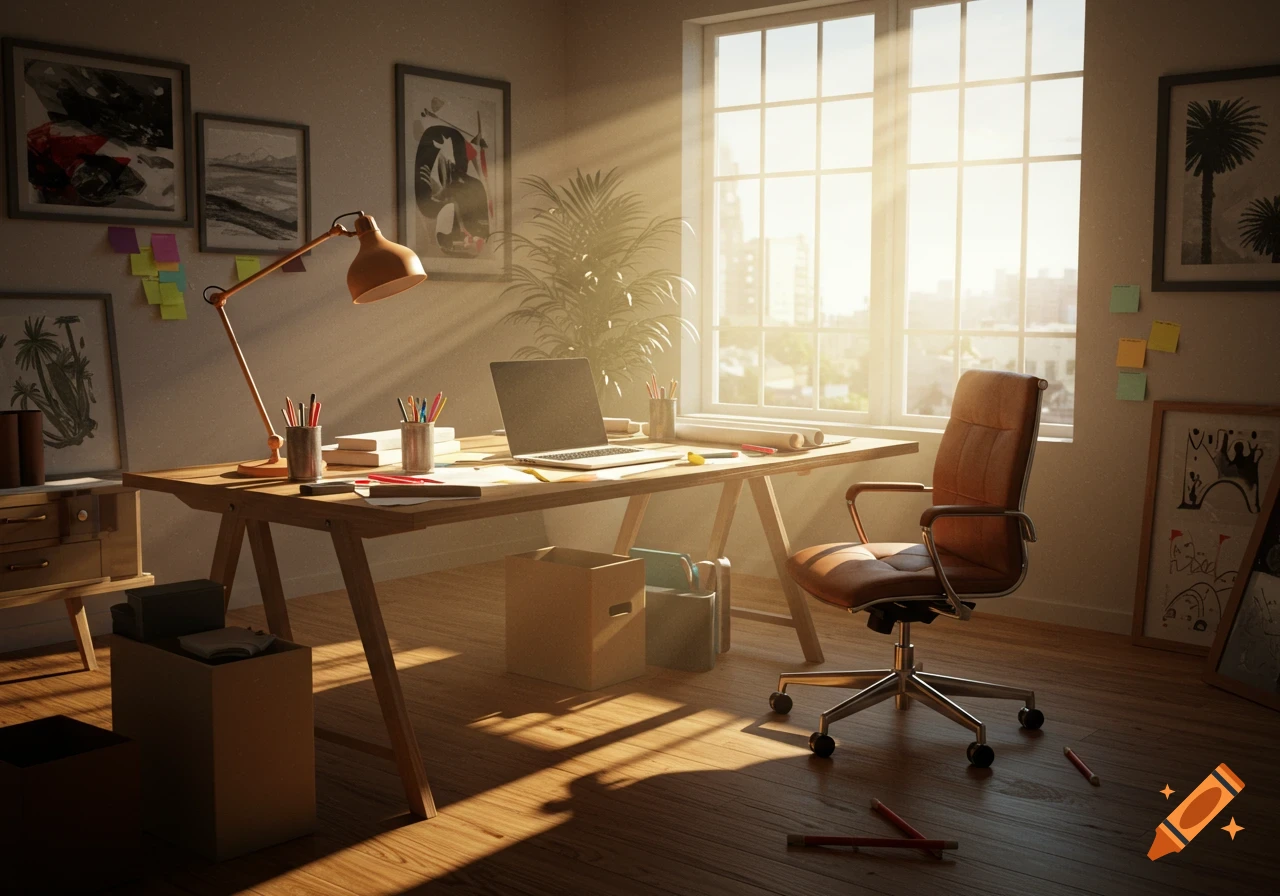 A sunlit home office with a wooden desk, a laptop, a brown leather office chair, and framed art on the wall, light streams through a large window.