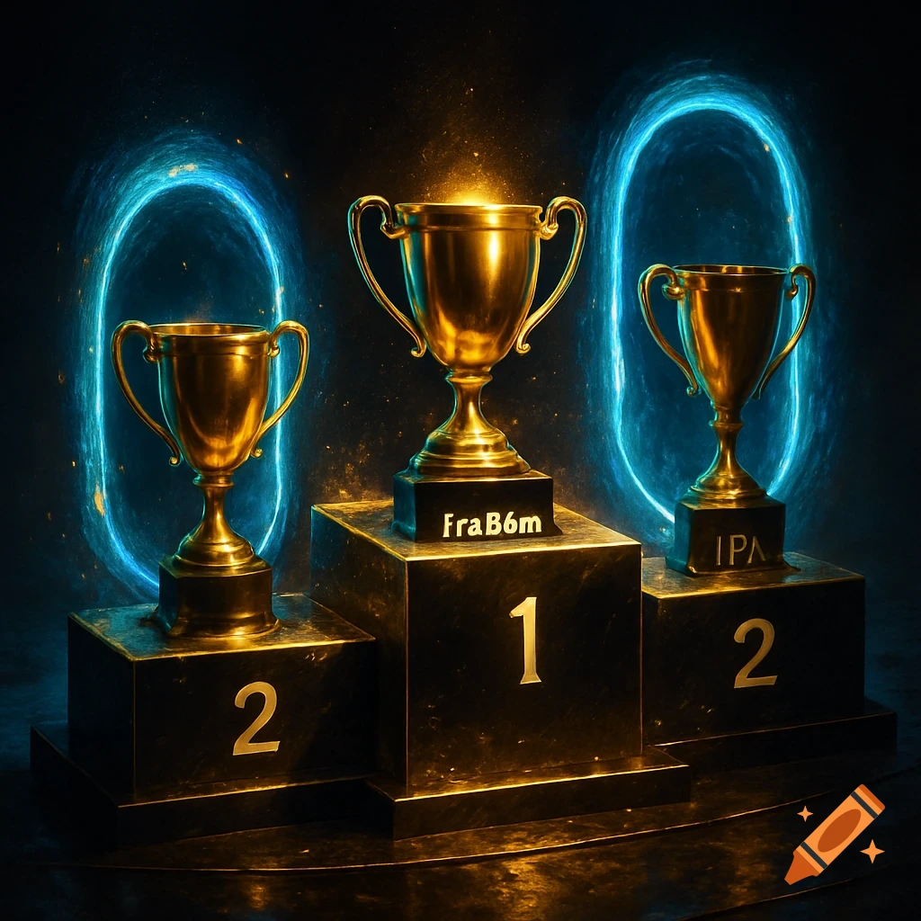 A dramatic, futuristic image of a three-tiered victory podium with golden trophies and glowing blue portals in the background.