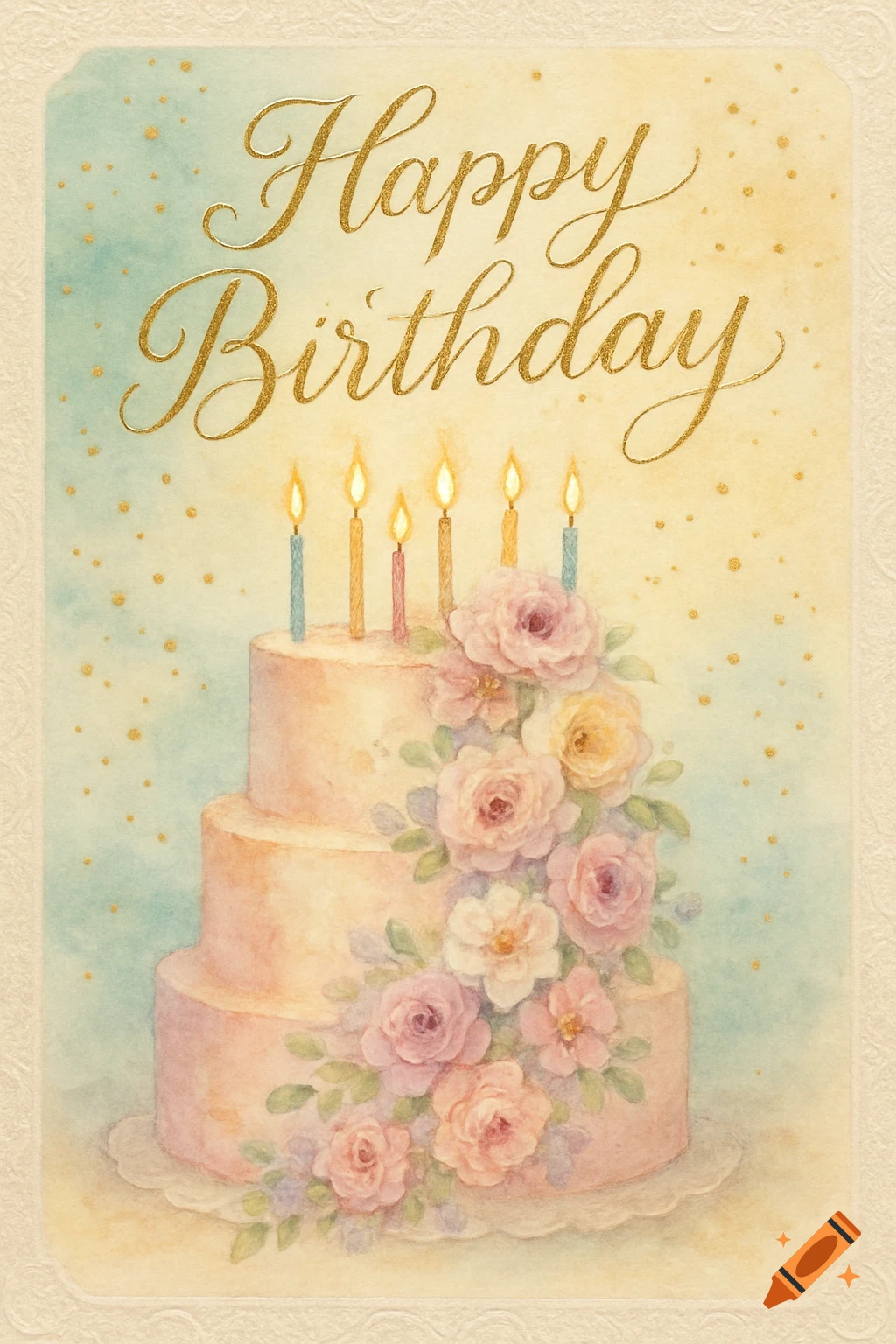 Watercolor birthday card featuring a three-tier pink cake decorated with various pastel roses and lit candles, with 'Happy Birthday' in gold script at the top.