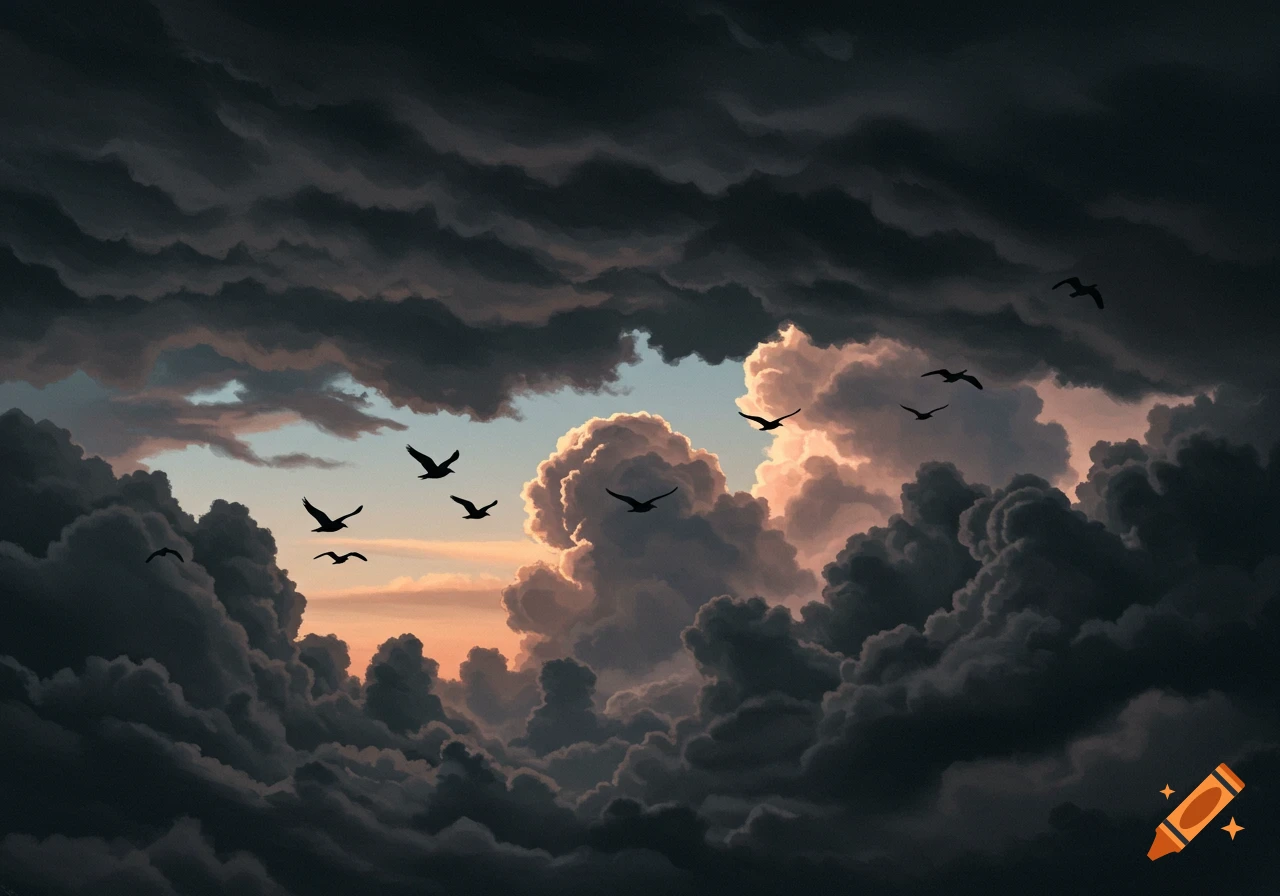 Silhouetted birds fly through a dramatic sky filled with dark, heavy ...