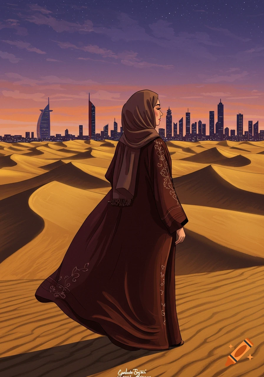 Illustrated Emirati woman in a brown abaya and hijab stands in a desert with sand dunes and a city skyline at sunset.