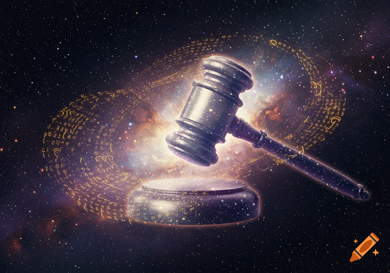 A large stone gavel and its base float in a deep space scene with a galaxy and swirling golden, glowing text-like symbols.