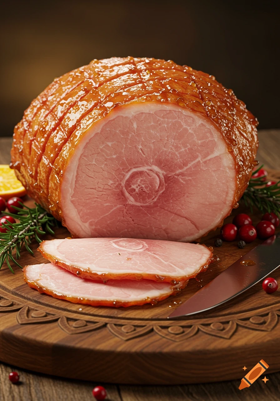 A glistening, glazed ham, partially sliced, on a wooden board with cranberries, rosemary, and an orange slice.