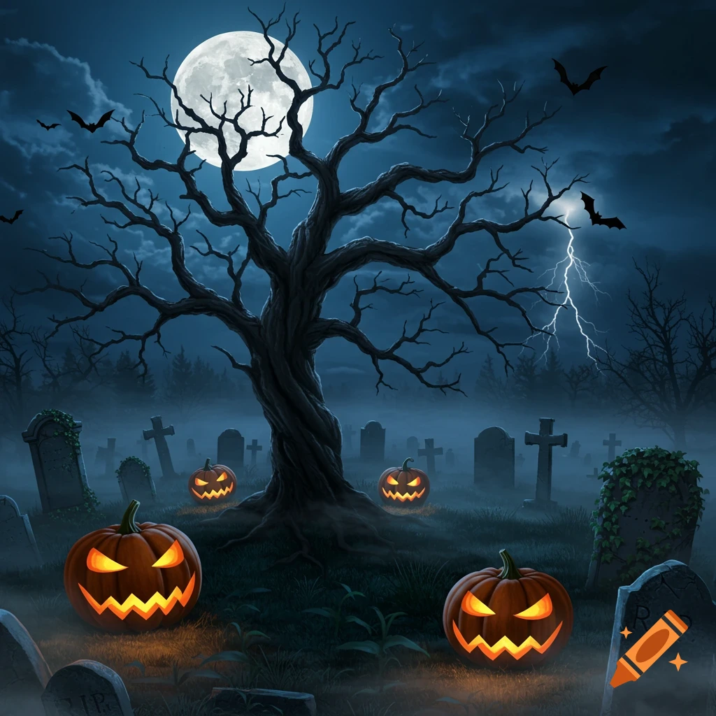 A spooky night scene in a graveyard with a full moon, bare tree, lightning, bats, and glowing jack-o'-lanterns.