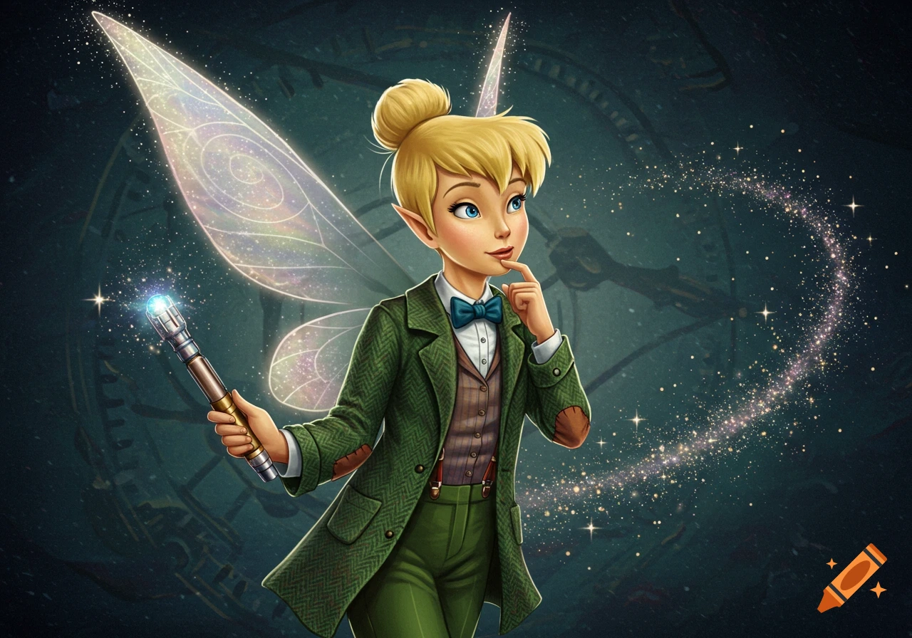 Tinkerbell dressed as Doctor Who, holding a sonic screwdriver and pixie dust against a dark, clockwork background.