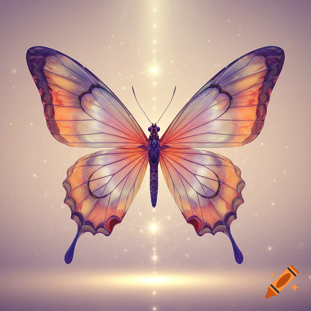 Vibrant iridescent butterfly with orange, purple, and blue translucent wings, centered against a glowing, sparkling background.