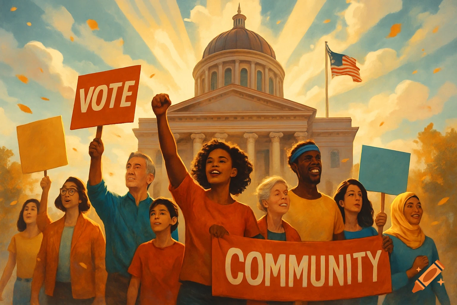 A diverse group rallies in front of a government building under a bright sky. They hold signs that say 'VOTE' and 'COMMUNITY' in a painterly style.