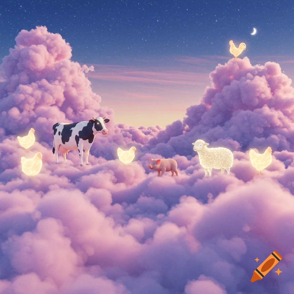 Animated farm animals (cow, pig, sheep, chickens, rooster) stand on fluffy pink clouds under a starry night sky.
