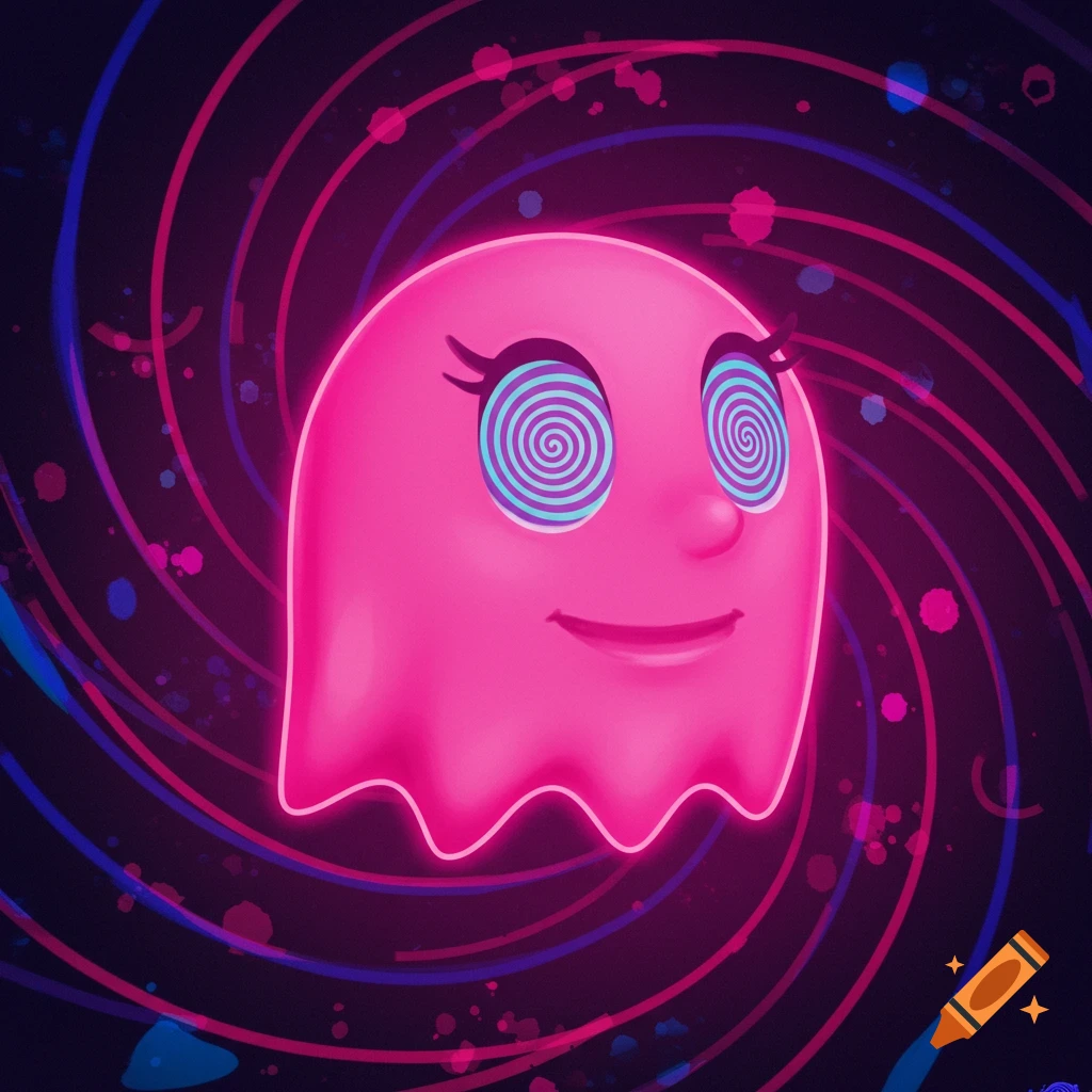 A glowing pink ghost with spiral, hypnotized eyes smiles against a dark background with swirling neon lines.
