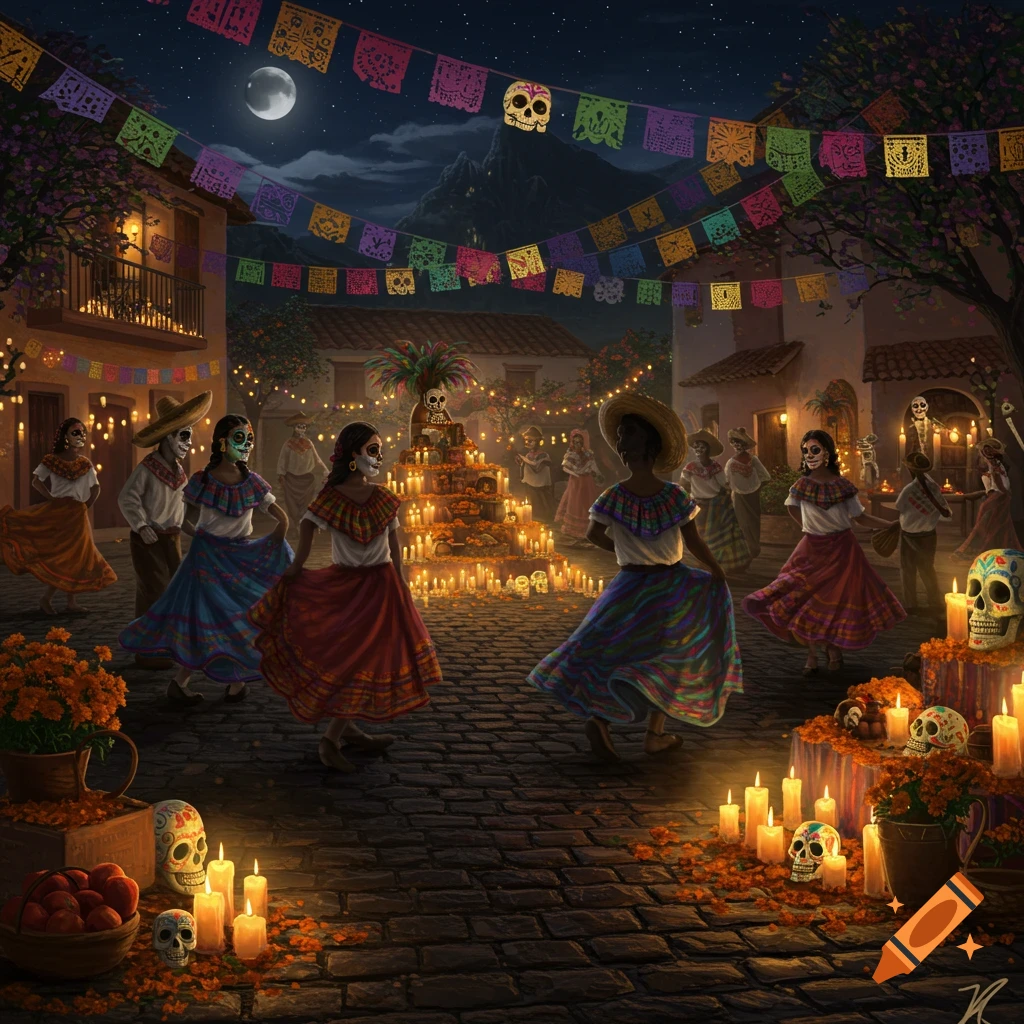 A vibrant night scene of a Día de Muertos celebration in a town square with people dancing, sugar skulls, candles, marigolds, and colorful banners under a full moon.