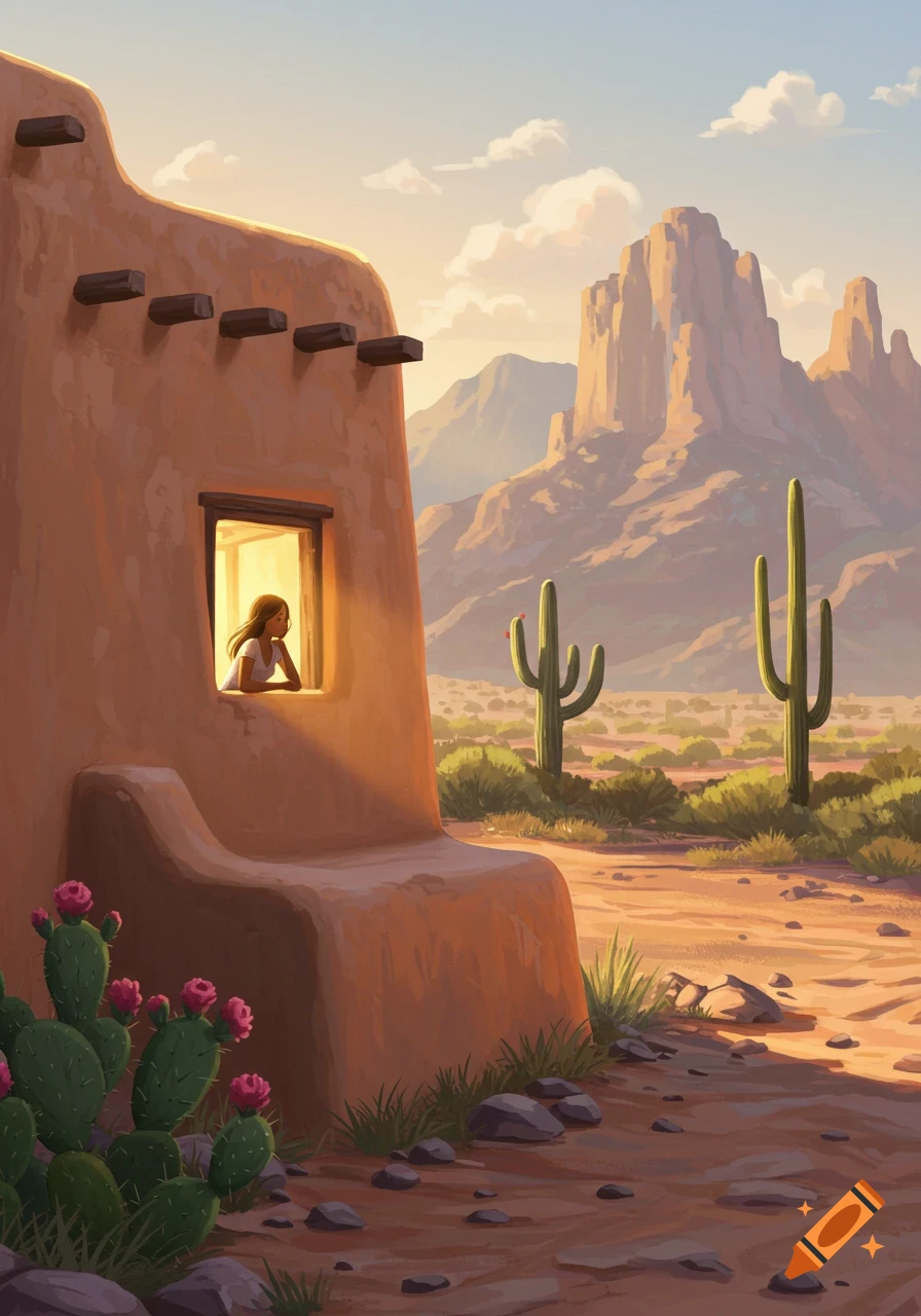 Stylized illustration of a woman looking out the window of an adobe house in a desert landscape with cacti and mountains at sunset.