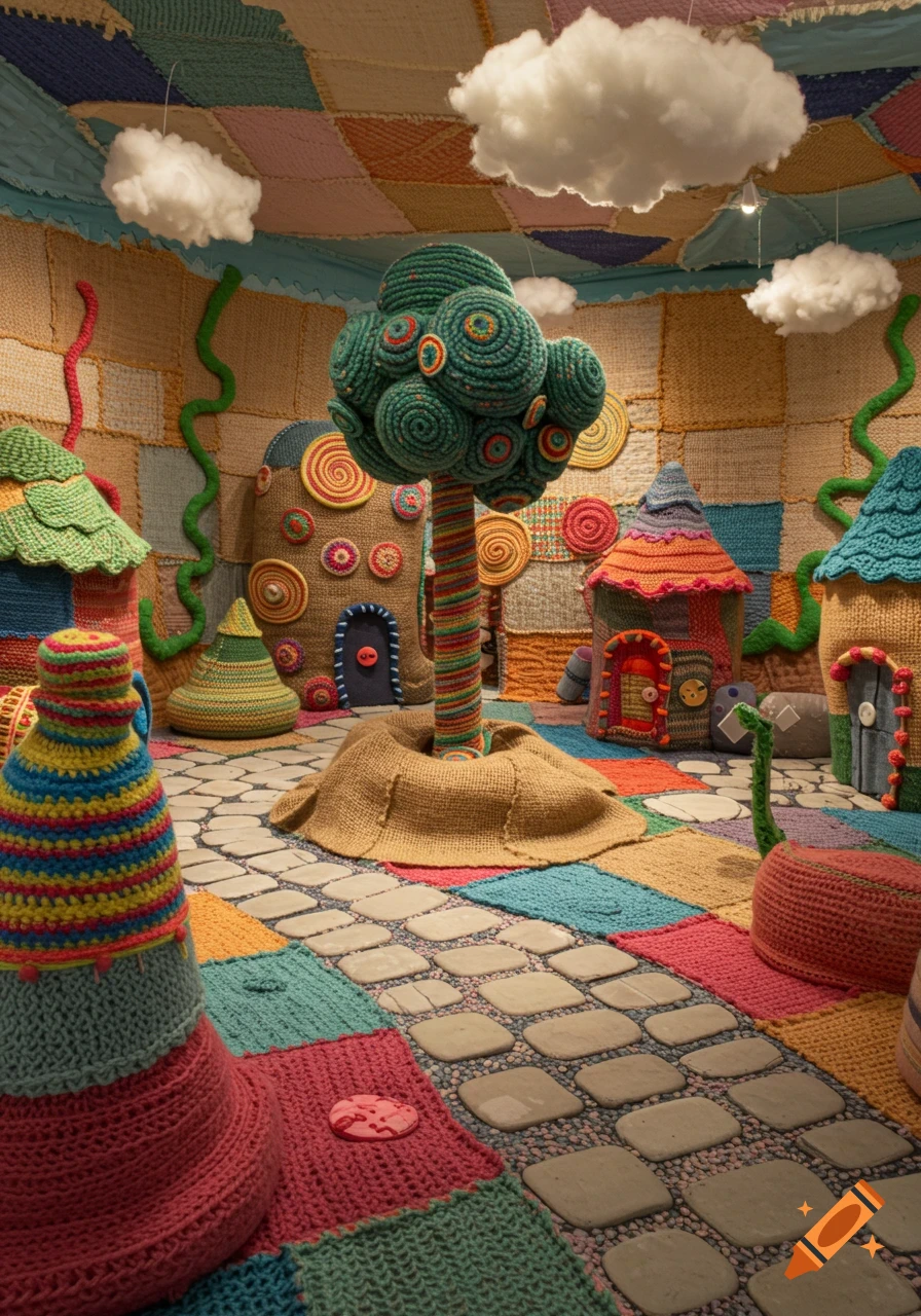 A whimsical town square crafted entirely from colorful crocheted and knitted materials, featuring houses, a tree, and cloud decorations.