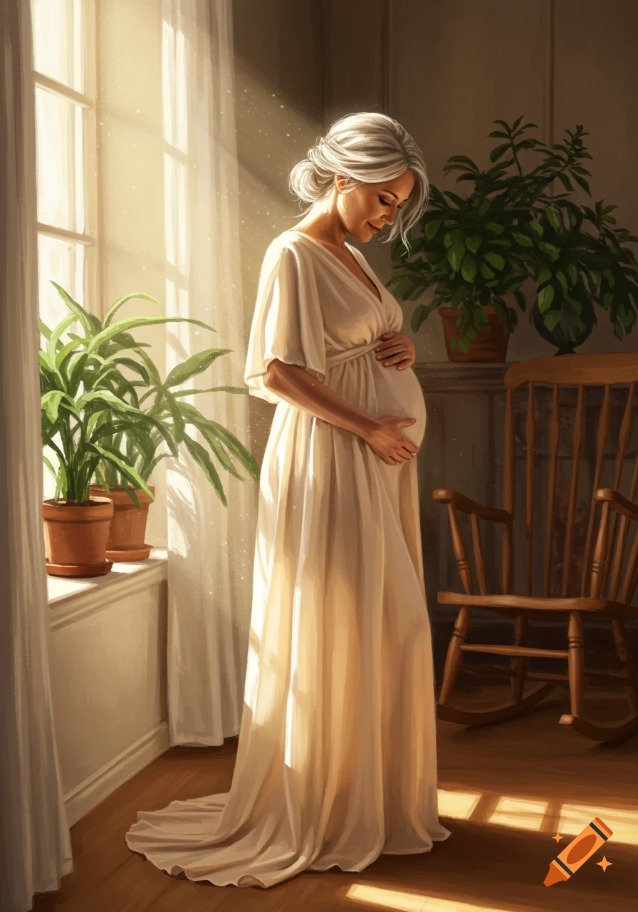 Illustrative portrait of a pregnant woman with gray hair in a cream dress, standing by a sunlit window with houseplants, gently holding her belly.