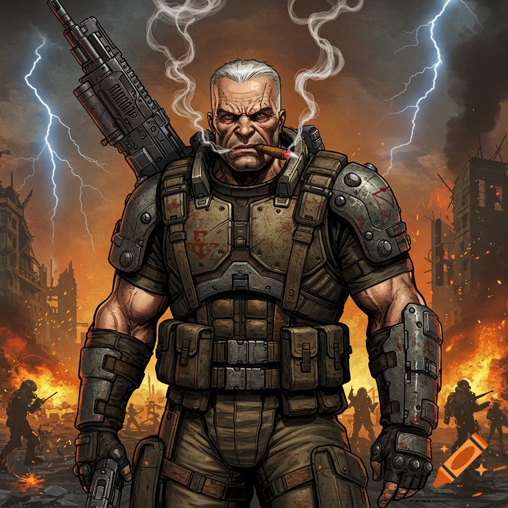 A tough, white-haired comic book soldier, Sarge, smokes a cigar while standing in a war-torn city with lightning.