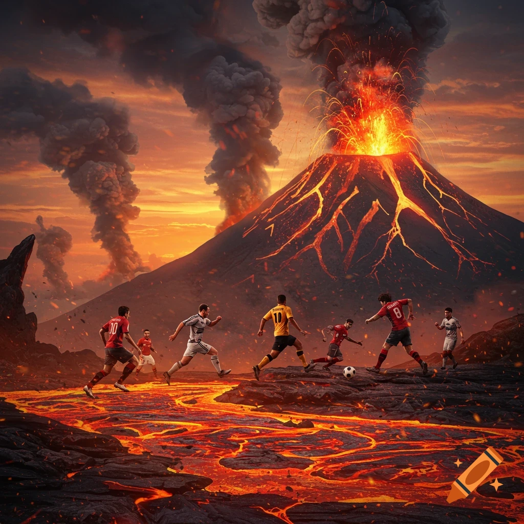 Football players compete on a lava-strewn landscape with an erupting volcano under a fiery sunset sky.