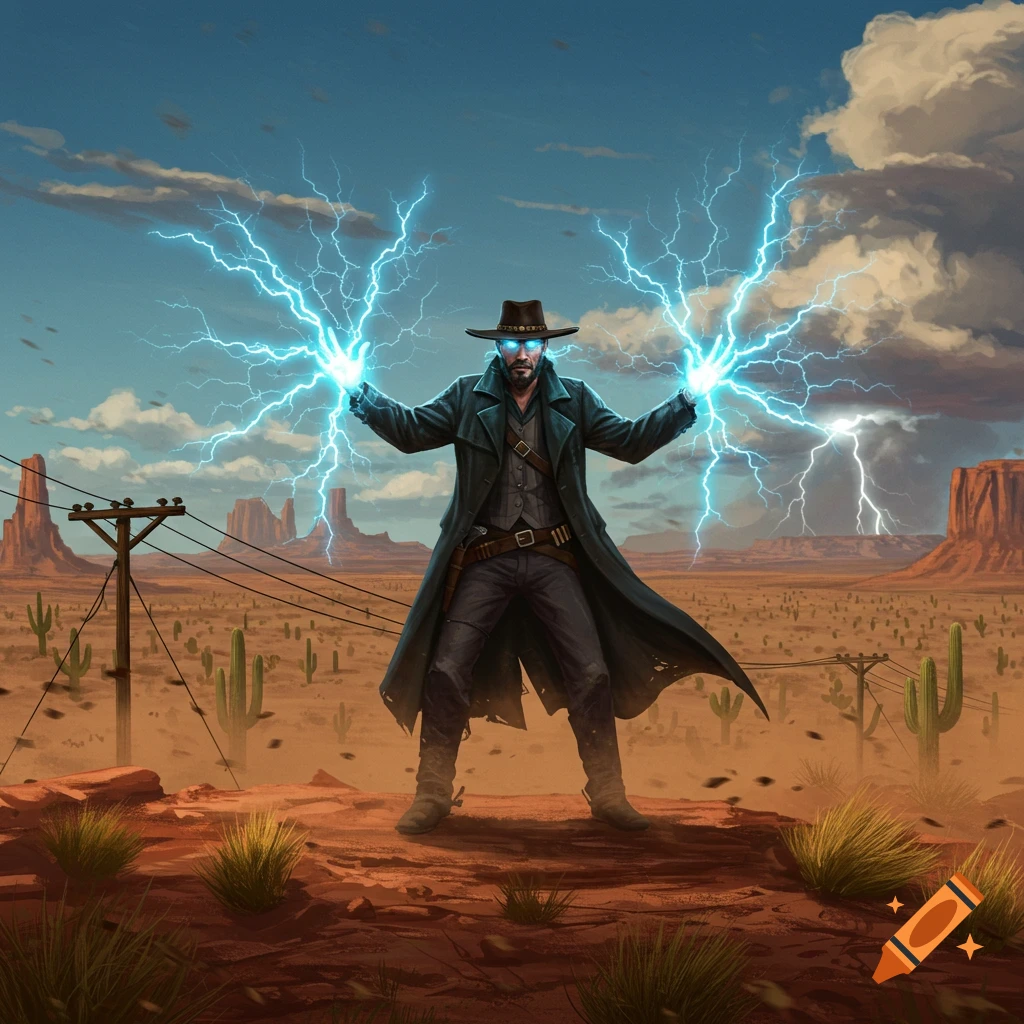 A man in a cowboy hat and duster coat generates blue lightning from his hands in a desert landscape with mesas and cacti.