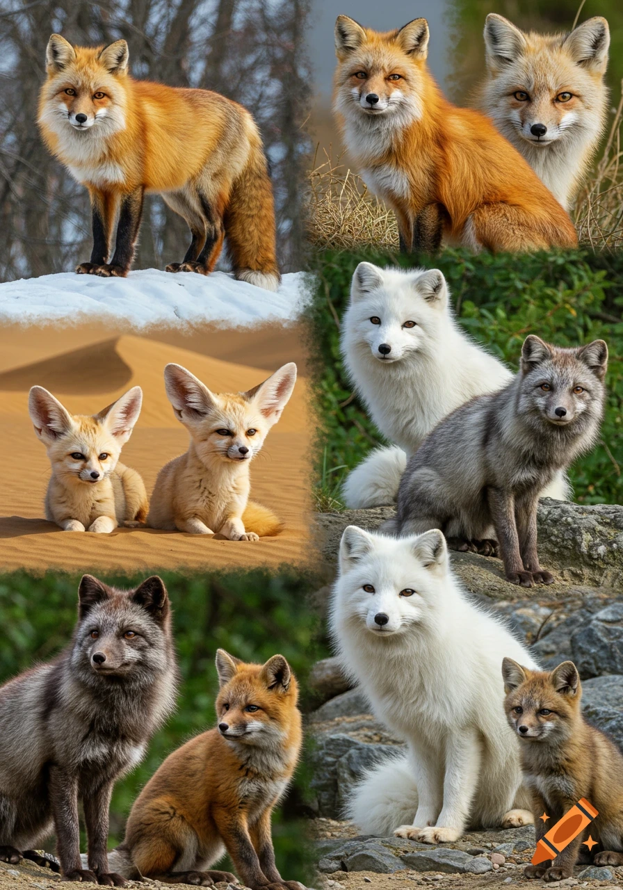 A photorealistic collage of different fox species, including red, arctic, fennec, and silver foxes, in diverse natural habitats.
