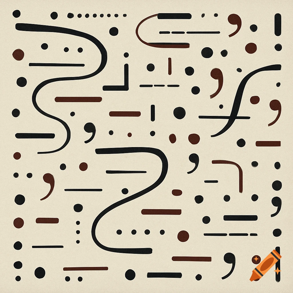 Punctuation Abstract Abstract composition of black and deep reddish-brown lines, dots, and ...