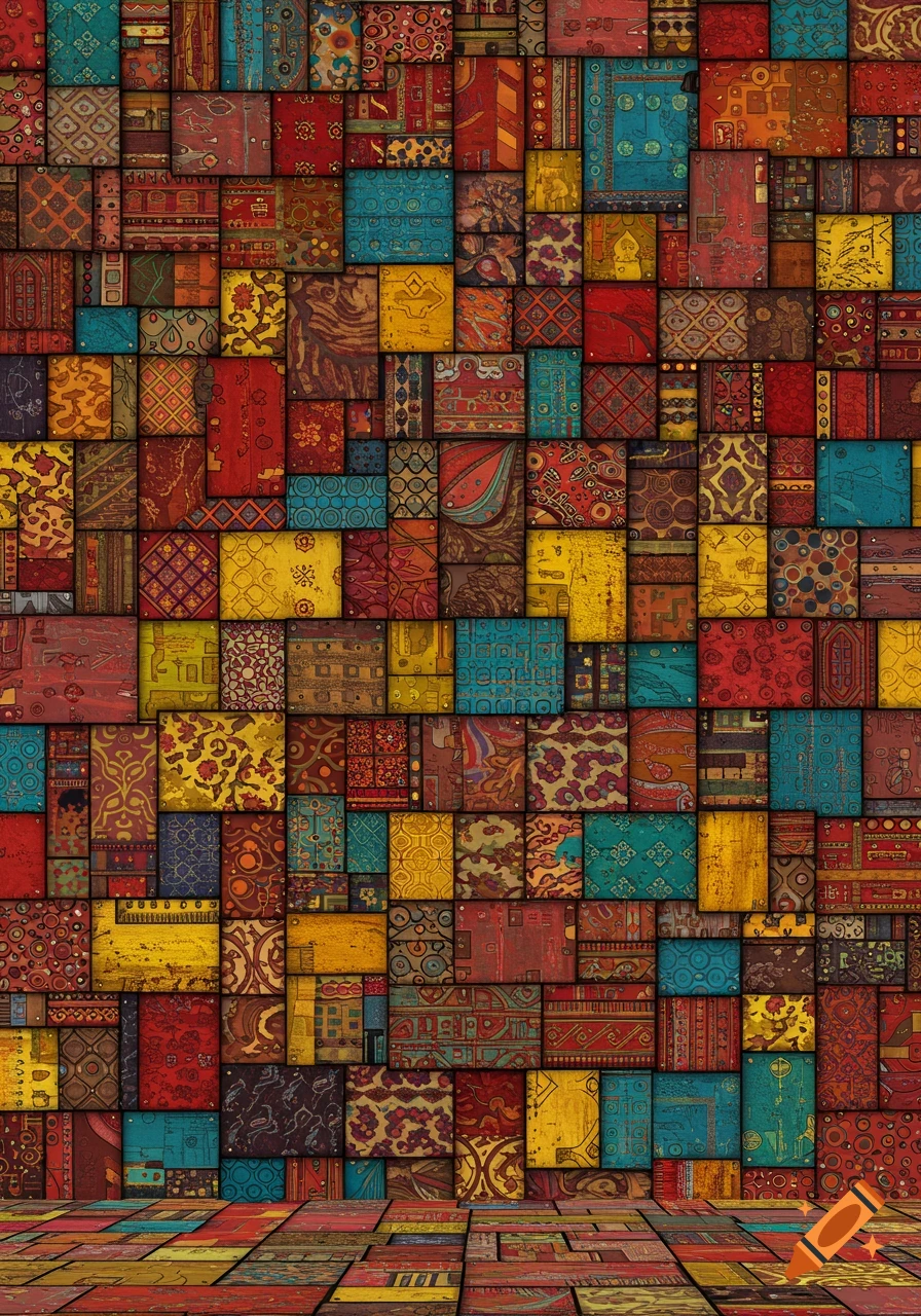 A vibrant patchwork wall and floor with various colorful, patterned squares and rectangles creating an intricate abstract design.