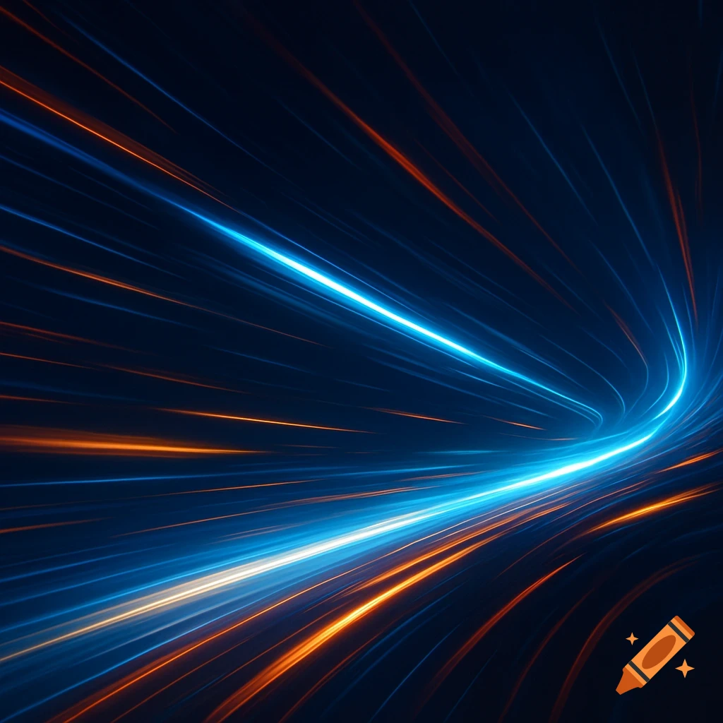 Abstract blue and orange light trails streaking and curving across a dark background, conveying speed and motion.
