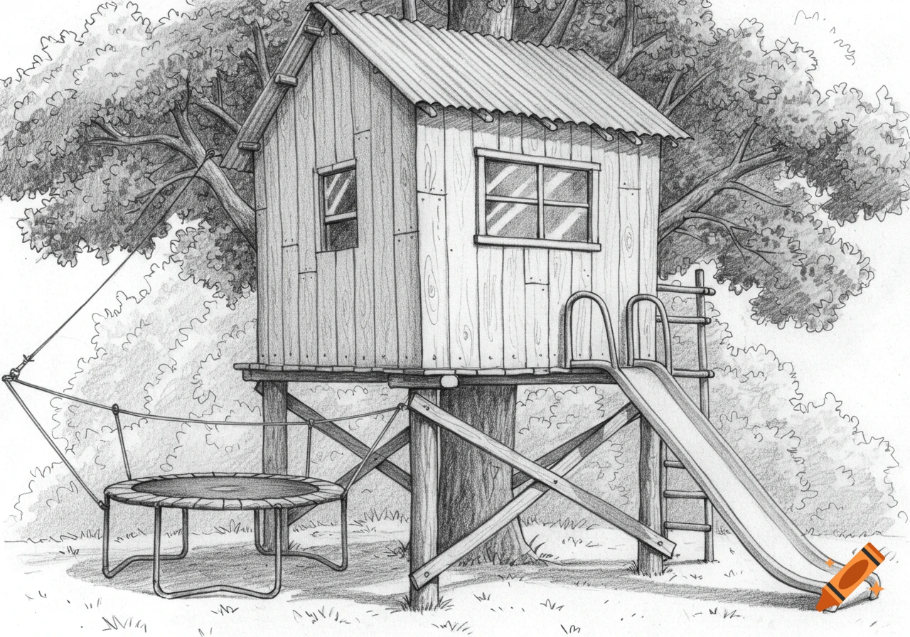 A detailed pencil drawing of a wooden treehouse on stilts with a tin roof, glass windows, a trampoline, and a slide.