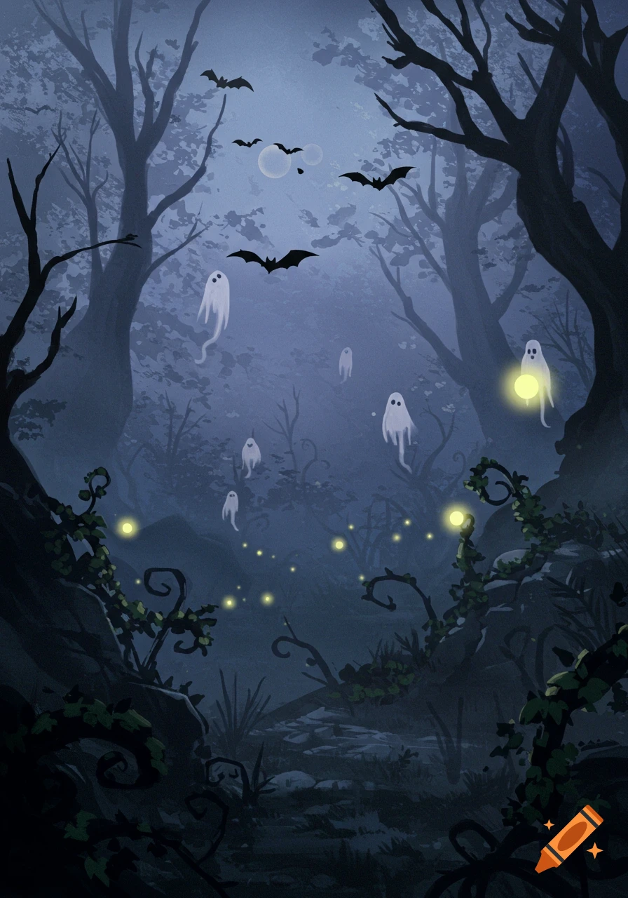 A spooky, foggy forest at night with many white ghosts and black bats flying, and glowing yellow lights.