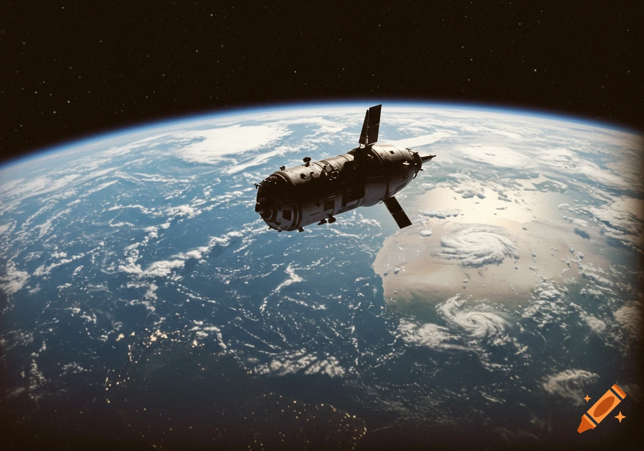 A vintage-style photorealistic image of a Vostok-1 like spacecraft orbiting Earth, showing continents and clouds.