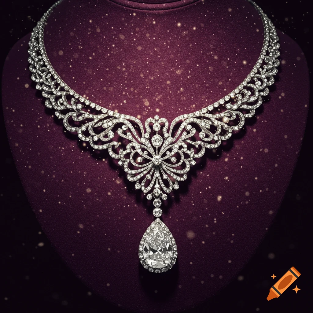 A shimmering diamond necklace with an intricate design and a large pear-shaped pendant, displayed on a deep red velvet surface with golden sparkles.
