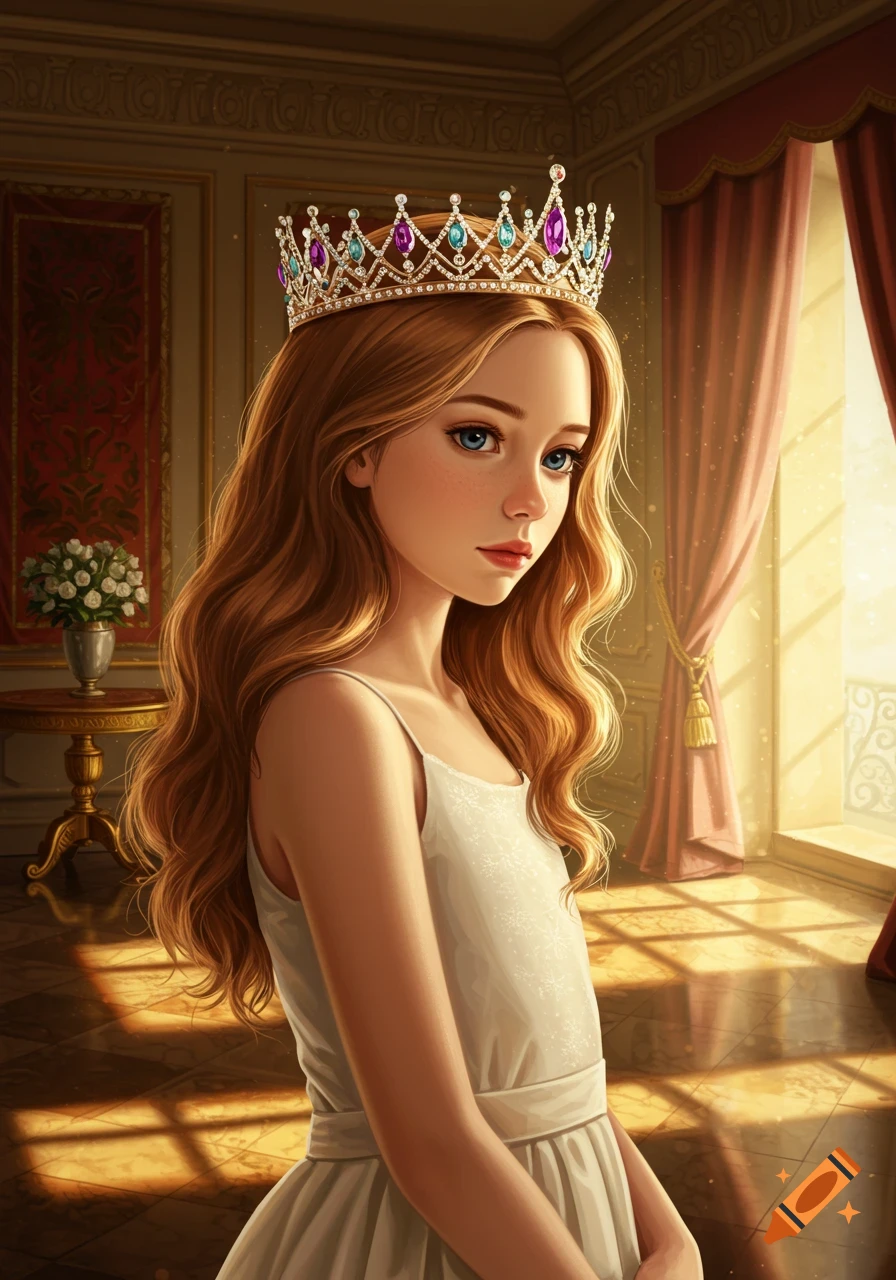 A young girl with long wavy hair and blue eyes wears a jeweled crown in an elegant, sunlit room, digital art.