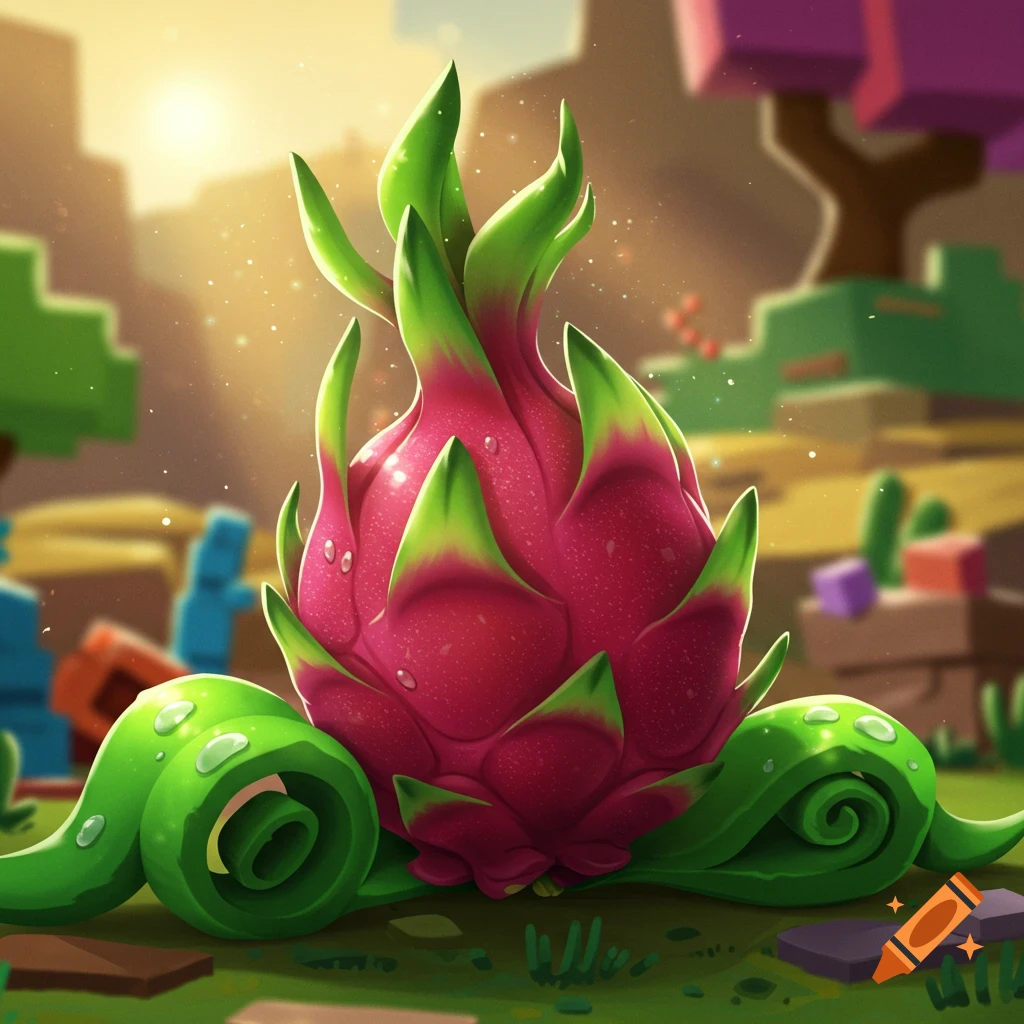 A vibrant, stylized pink and green dragon fruit with water droplets, set in a blocky, voxel art landscape under a sunny sky.