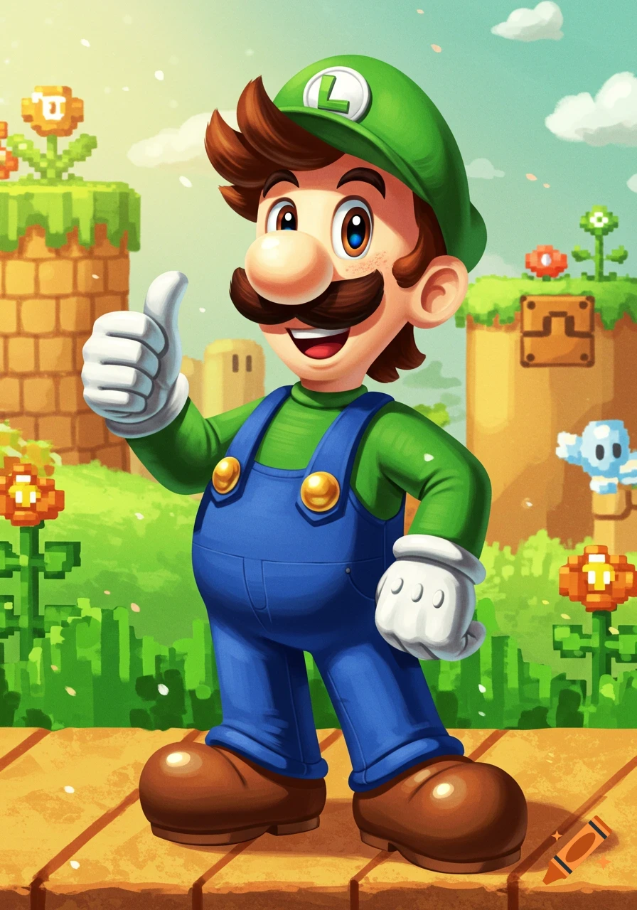 Luigi from Super Mario World gives a thumbs up in a vibrant, pixelated landscape, wearing his green shirt and blue overalls.