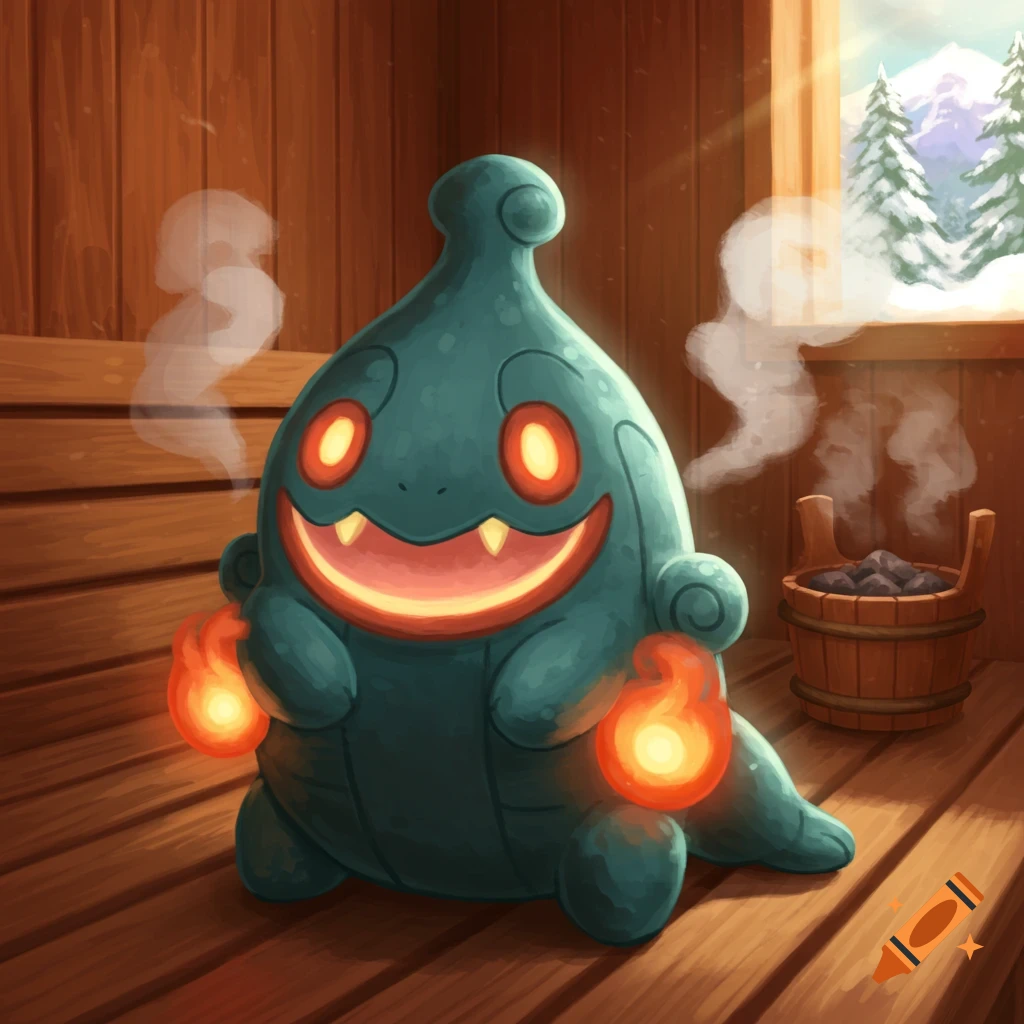 A blue, smiling, fire-holding Pokemon sits in a wooden sauna with steam, a bucket of coals, and a snowy window view, digital art.